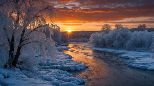 Serene winter sunset over a frozen river, with icy trees reflecting warm colors in the sky
