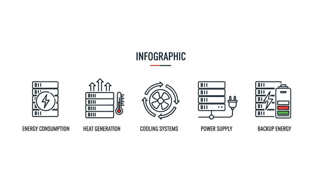 Data Center Management Infographic with linear icons for energy, heat, cooling, power, and backup. Ideal for IT presentations and cloud computing blogs.