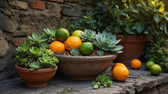 A vibrant arrangement of succulents and citrus fruits in rustic pots against a stone wall backdrop