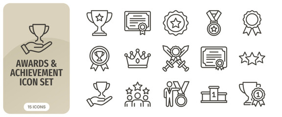 Fototapeta premium Awards and achievement icon set, thin line style, vector illustration, trophy, medal, certificate, crown, winner podium, stars, success symbols