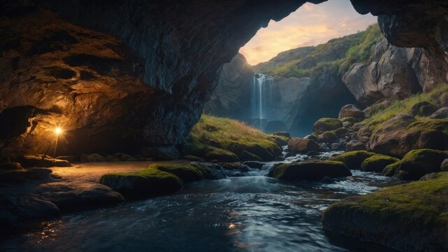 Serene cave landscape with a flowing stream and waterfall, illuminated by a lantern at dusk