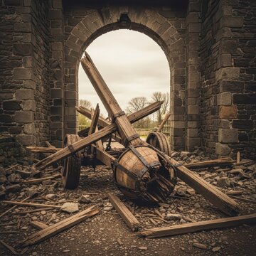 Shattered Siege Weapon Remains Within Ancient Stone Ruins
