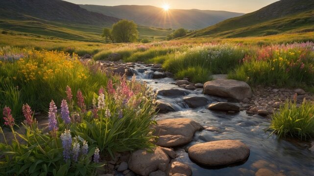 Serene landscape at sunrise with a flowing stream surrounded by colorful wildflowers in a valley
