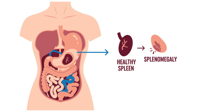 Medical Splenomegaly Illustration comparing healthy and enlarged spleen in human torso ideal for medical education and healthcare blogs.