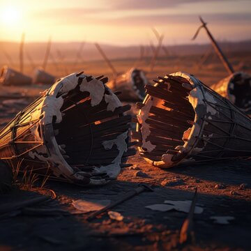 Shattered War Drums and Earth Globes in a Ruined Landscape at Sunset