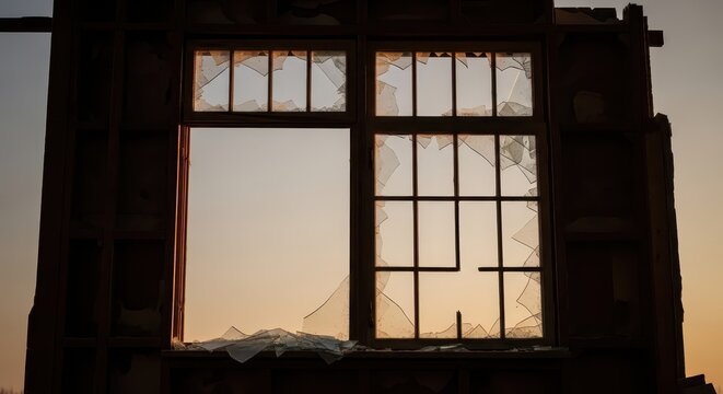 Shattered Window Frame with Splintered Glass Against a Fading Sky