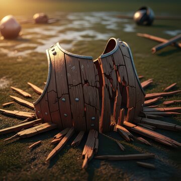 Shattered Wooden Breastplate Lying Broken on Battlefield