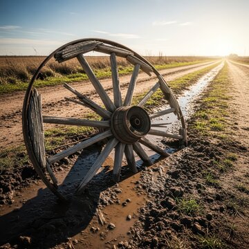 Shattered Wooden Cartwheel Resting Beside a Dusty Rural Road Under Golden Hour Sunlight
