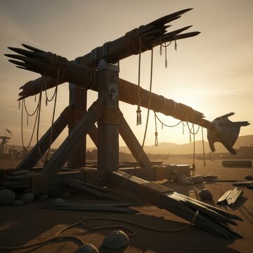 Shattered Wooden Catapult Arms in Ruined Battlefield Landscape