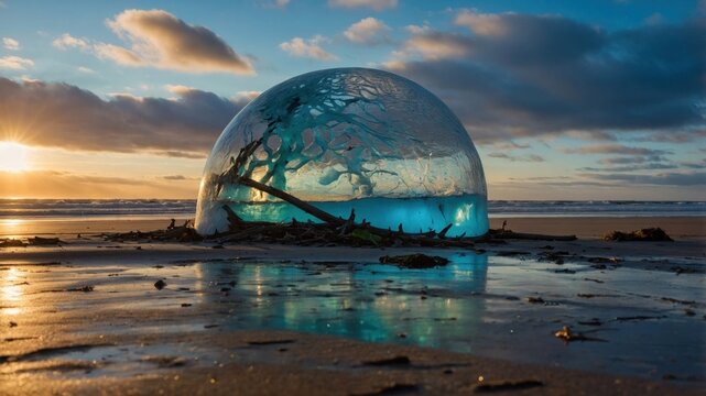 A stunning ice dome on a beach at sunset, reflecting colors in the water with driftwood nearby
