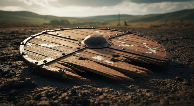 Shattered Wooden Shield Laying on the Battlefield