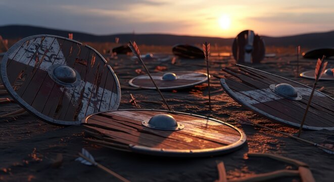 Shattered Wooden Viking Shields Littered on Battlefield at Sunset