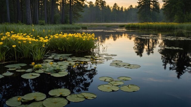Serene lake surrounded by vibrant yellow flowers and lush greenery at sunrise in a tranquil forest