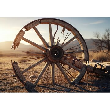 Shattered Wooden Wagon Wheel with Broken Spokes in a Desert Landscape at Sunset