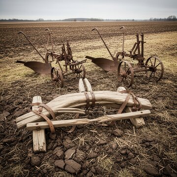 Shattered Wooden Yoke and Antique Plows in a Rural Field