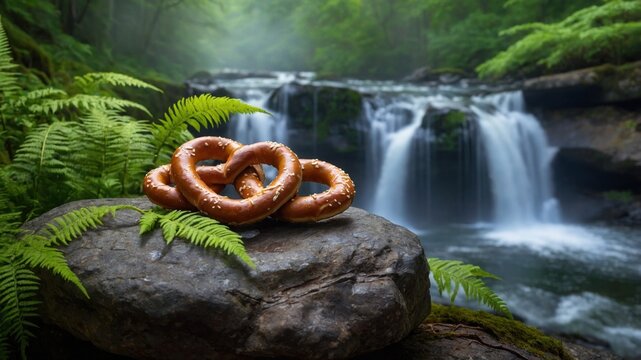 Freshly baked pretzel resting on a moss-covered rock beside a serene waterfall in a lush forest