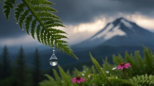Close-up of a fern leaf with a water droplet, vibrant flowers in the foreground, and a mountain backdrop