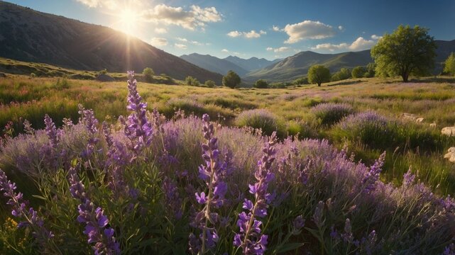 Serene landscape of blooming lavender fields under a bright sun with mountains in the background