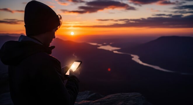 Silhouette of a person using a glowing phone at sunset on a mountain vista