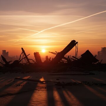 Silhouetted Debris Against a Dramatic Sunset Over an Urban Horizon
