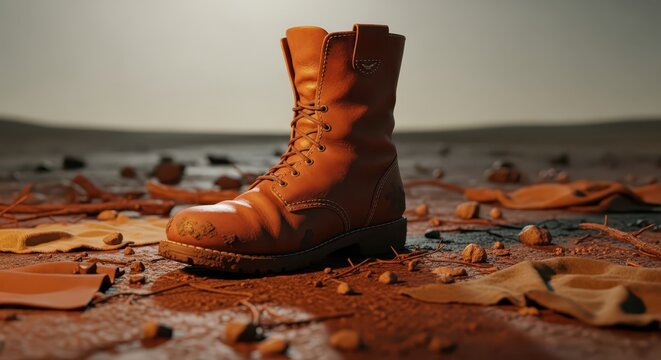Single Leather Work Boot on Dusty Ground