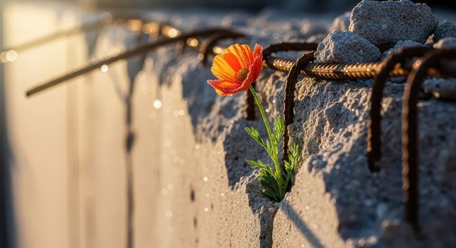 Single Orange Poppy Blooms Through Cracked Concrete Structure
