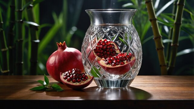 A crystal vase filled with water and pomegranate seeds, surrounded by lush green bamboo plants