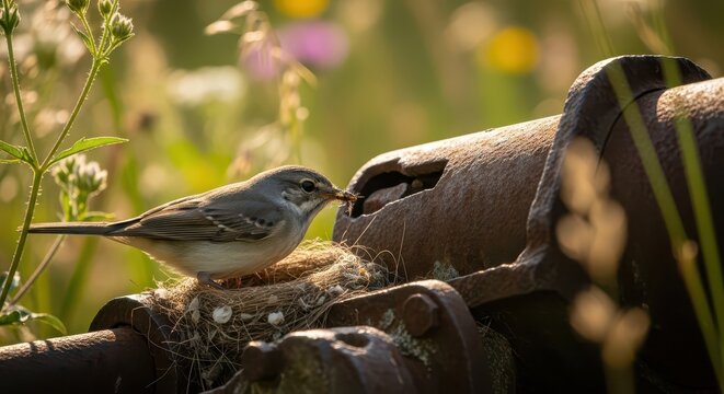 Small bird feeding insect to young in nest beside rusty metal object