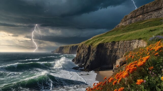 Dramatic coastal landscape with stormy skies, lightning strikes, and vibrant wildflowers in foreground