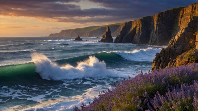 Serene coastal landscape at sunset with crashing waves and blooming lavender in the foreground