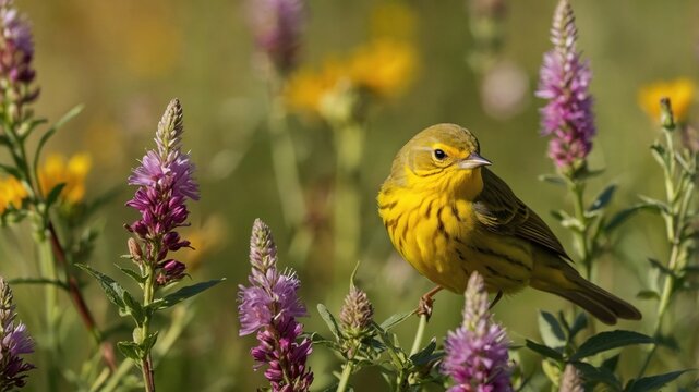 A vibrant yellow bird perched among blooming purple flowers in a sunny meadow setting