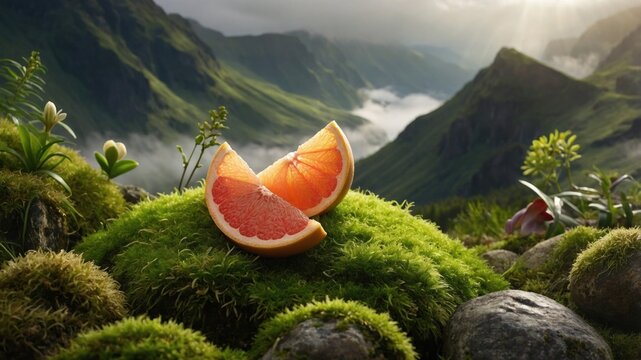 Freshly sliced grapefruit resting on lush moss in a serene mountain landscape with soft sunlight