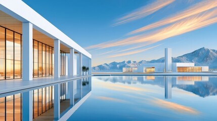 Obraz premium Modern white gigafactory campus by reflective pool with mountains at sunset