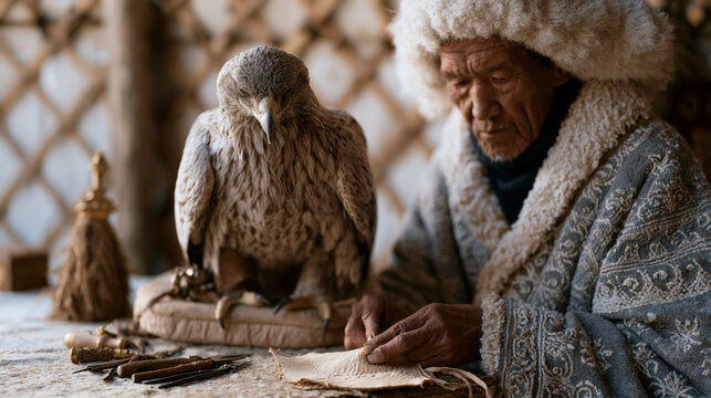 Mongolian eagle hunter repairing leather hood and jesses of a large raptor perched on a padded arm stand inside a yurt, traditional falconry tools nearby, Central Asian heritage
