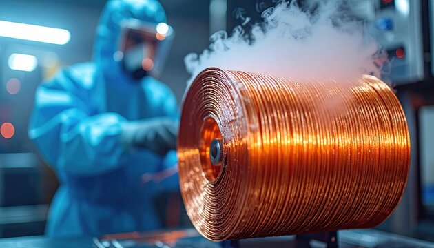 Scientist handling a copper coil emitting vapor in laboratory environment representing superconductivity, energy efficiency and advanced material research