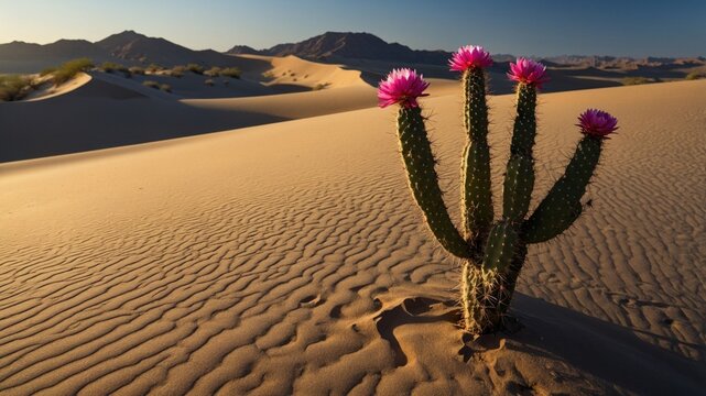 Vibrant cactus blooming with pink flowers in golden desert sands under a clear blue sky at sunset