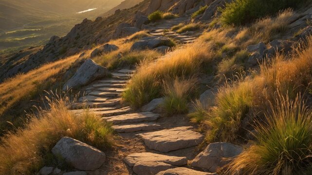 Serene mountain pathway winding through golden grass and rocky terrain during sunset with distant hills
