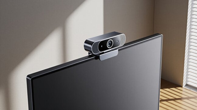 Modern webcam attached to computer monitor edge. Sleek black device sits atop screen ready for video calls. Bright room, natural light. Technology for remote work.