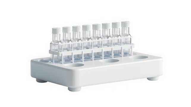 Laboratory test vial rack with eight empty glass containers in a white plastic holder for scientific research on transparent background with arranged structured plastic