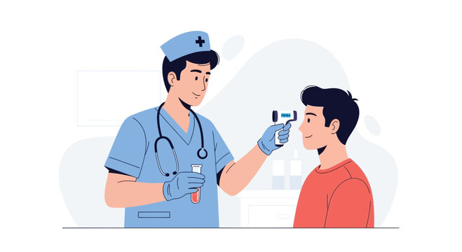 Doctor checking patient temperature with infrared thermometer, medical illustration