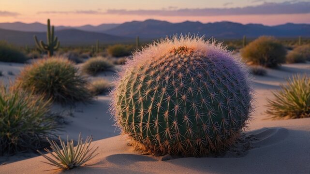 Vibrant desert landscape featuring a large cactus in the foreground with mountains and sunset hues