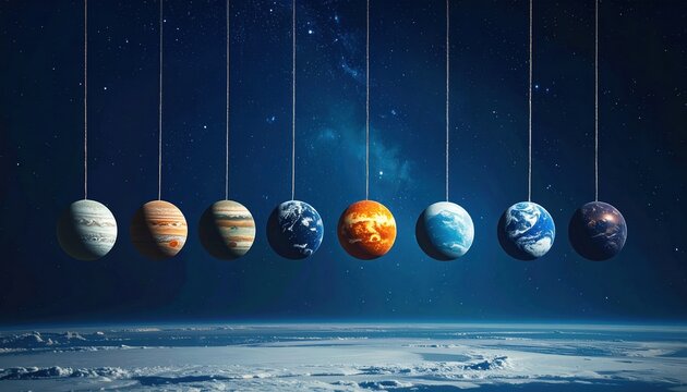 Row of planets hanging in space art composition symbolizing cosmic balance astronomy education and creative universe exploration with artistic fantasy tone