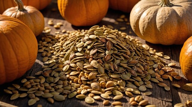 Abundant pile of pumpkin seeds surrounded by ripe pumpkins on rustic wooden table in autumn