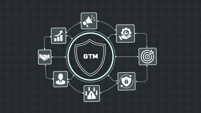 Modern GTM strategy concept with shield protection icon, business growth, marketing execution, analytics workflow, digital planning, performance management and enterprise success visualization.
