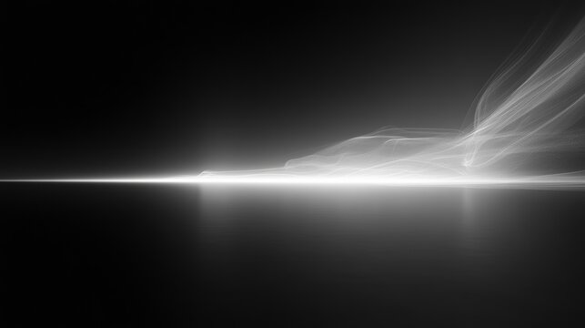 Abstract grayscale image of glowing light streaks and smoke-like wisps on dark background.