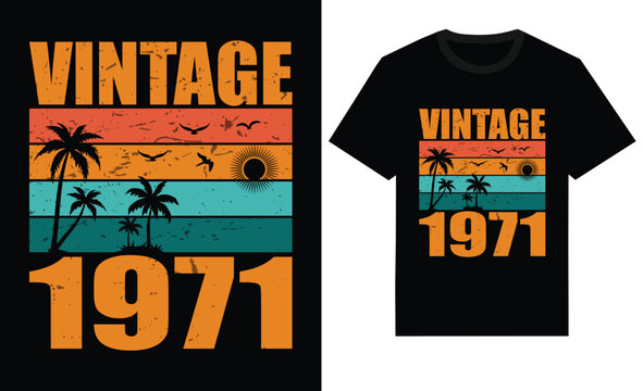 Vintage 1971 t-shirt design with tropical sunset and palm trees
