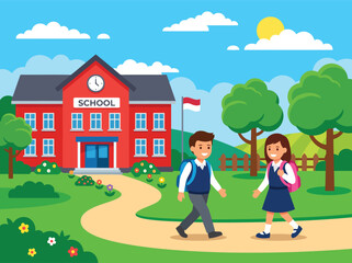 Fototapeta premium Primary school building with happy students in uniforms walking on a path vector illustration for back to school concept