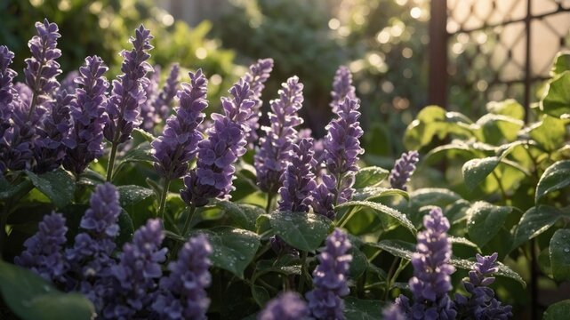 Lush garden scene featuring vibrant purple flowers surrounded by greenery in soft morning light