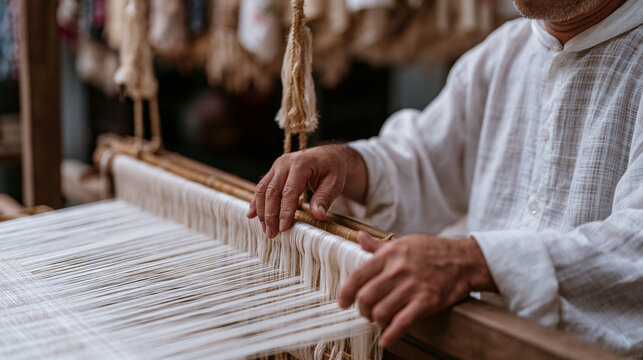 Vietnamese silk weaver adjusting a traditional floor loom in a narrow shophouse workshop, thread tension checked by touch, market fabrics hanging above, East Asian artisan,
