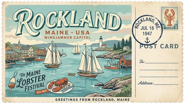 Vintage Travel Postcard Illustration of Rockland Maine, Windjammer Capital and Maine Lobster Festival Retro Graphic Art